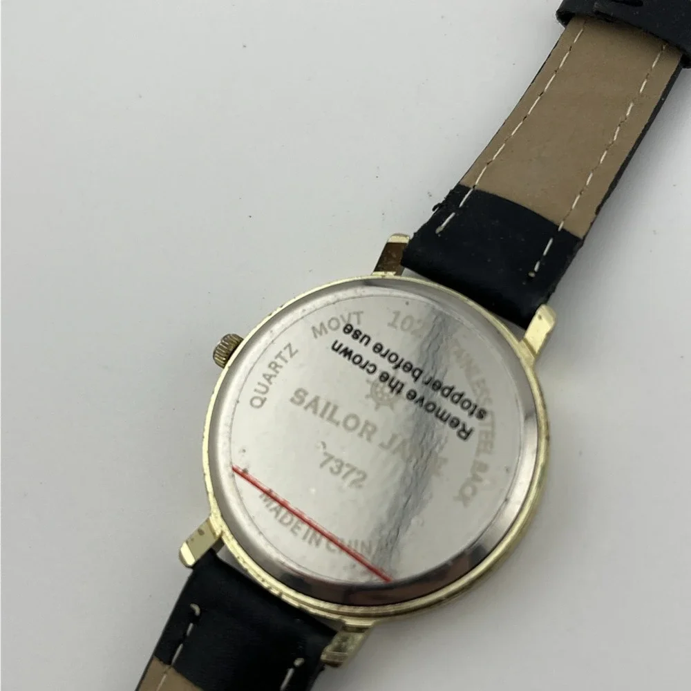 Sailor Jane Watch Women 36mm Gold Case Black Faux Leather Band- New Battery